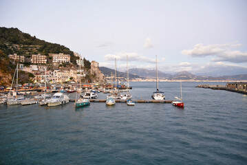 Panoramic night view of Cetara, a village on the Amalfi coast, Italy.