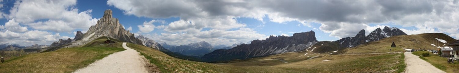 Passo Giao in Dolomites Italy. panorama scenic, 360 degrees, Clouds move over the mountain. Vacation travel beautyful