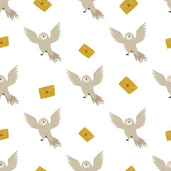 Seamless pattern with cute flying owls and mails - obrazy, fototapety, plakaty