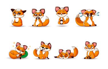 A large set of cute red foxes in a cartoon style in different poses and emotions