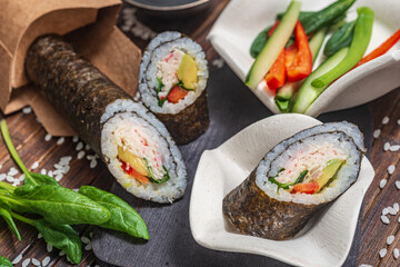 Still life. Japanese cuisine- roll in a package