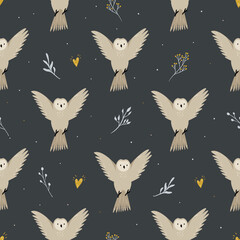 Seamless pattern with cute flying owls and hand drawn decorative elements - obrazy, fototapety, plakaty