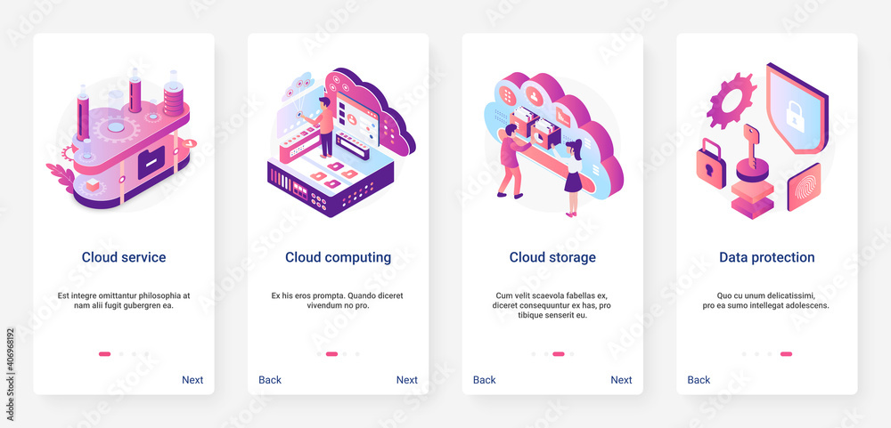 Poster Isometric cloud service data protection digital technology vector illustration. UX, UI onboarding mobile app page screen set with cartoon 3d tech database service, safe computing datacenter connection