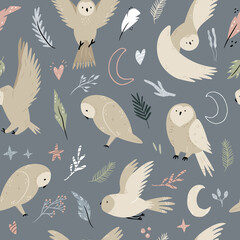 Seamless pattern with cute flying owls and hand drawn decorative elements - obrazy, fototapety, plakaty