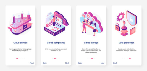 Isometric cloud service data protection digital technology vector illustration. UX, UI onboarding mobile app page screen set with cartoon 3d tech database service, safe computing datacenter connection
