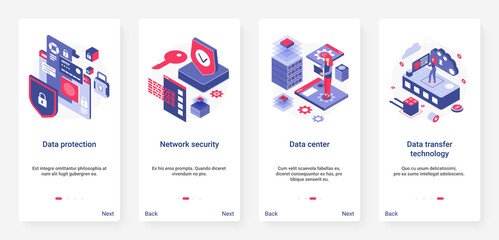 Isometric data protection, network security technology vector illustration. UX, UI onboarding mobile app page screen set with cartoon 3d personal privacy information, protecting database service