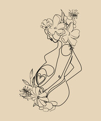 pregnant woman with flowers drawn by one line. the concept of the origin of life, love, family. perfect for logos, brochures, printing on fabric, prints, interior paintings