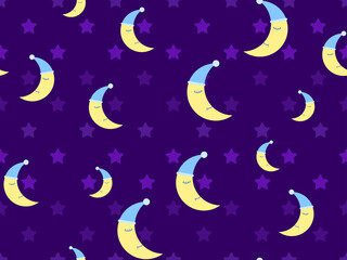 Naklejka na ściany i meble Good night. Sleeping crescent and stars seamless pattern. Night sky. Sweet dream, print for bed linen, pajamas and paper. Vector illustration