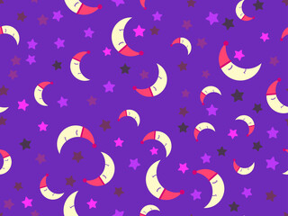 Good night. Sleeping crescent and stars seamless pattern. Night sky. Sweet dream, print for bed linen, pajamas and paper. Vector illustration