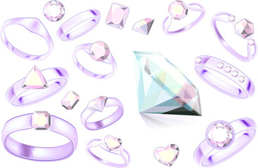 Set with different platinum and gold rings with diamonds isolated on white background