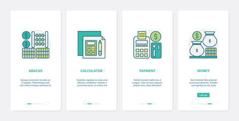Finance methods of counting money payment vector illustration. UX, UI onboarding mobile app page screen set with line financial online technology to count profit, pay in bank, abacus calculator symbol