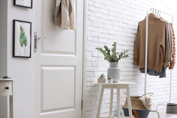 Vase with fresh eucalyptus branches on table in entryway. Interior design