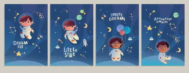 Set of cards. Baby shower. Little astronauts floating around in open space, among stars, planets,  and comets.