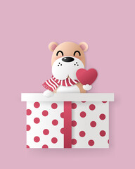 Vector celebratioin of cute dog in big gift box with heart.