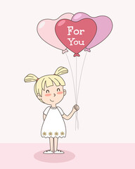 Vector celebratioin of cute girl with the heart balloons. Valentine's concept.
