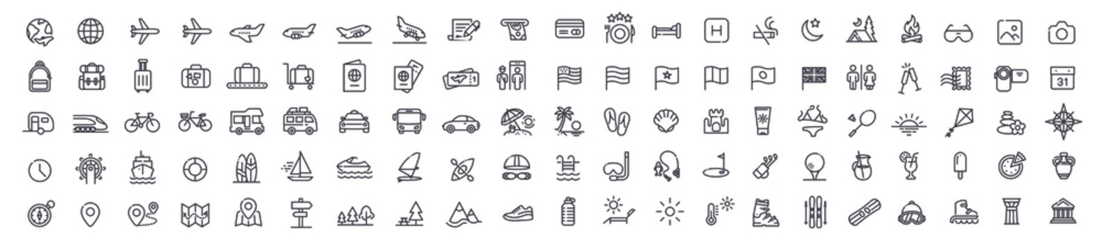 Set of 105 travel icons, thin line style, vector illustration