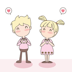 Vector of cute boy and girl flashing the heart hands of love. Valentine's concept.