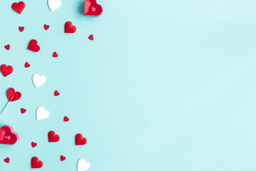 Valentine's Day background. Red hearts on white background. Valentines day concept. Flat lay, top view