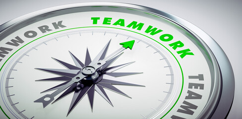 Silver and green compass with needle pointing to the word teamwork - 3D illustration