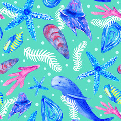 Naklejka premium Seamless sea pattern with dolphin, seashells, corals and starfishes. Teal ocean background. 