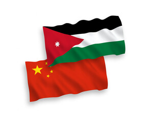 National vector fabric wave flags of Hashemite Kingdom of Jordan and China isolated on white background 1 to 2 proportion.