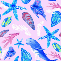 Naklejka premium pink sea underwater life seamless pattern