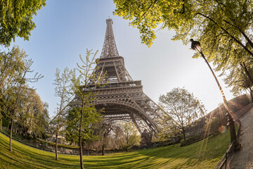 Eiffel Tower with spring trees against sunrise in Paris, France