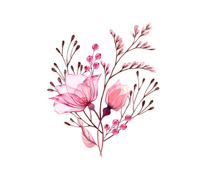 Watercolor Rose bouquet. Transparent pink flowers with branches and berries isolated on white. Hand painted vintage artwork. Botanical illustration for cards, wedding design