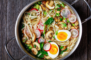 Udon noodle soup with egg and radish, top view