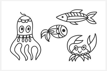 Outline underwater animals isolated on white. Fish sketch hand drawing art line. Coloring page book. Outline sea life. Vector stock illustration. EPS 10
