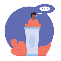 A black male politician in a business suit behind a podium makes a speech. Vector illustration with contour in hand drawn style. Cartoon picture.
