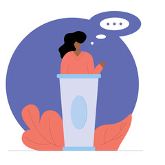 A black female politician in a business suit behind a podium makes a speech. Vector illustration with contour in hand drawn style. Cartoon picture.