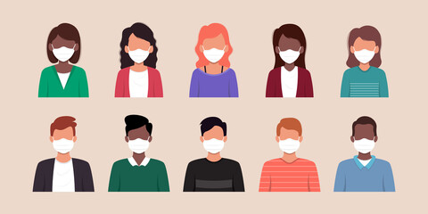 Set of man and woman wearing medical mask in flat illustration style.