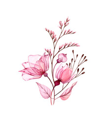 Watercolor bouquet. Transparent pink roses with autumn branches isolated on white. Hand painted vintage artwork. Botanical illustration for cards, wedding design