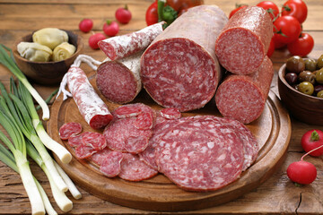 varieta' di salami su taglieri di legno sfondo rustico