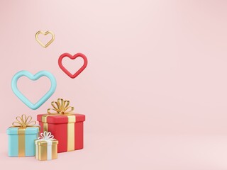 Valentine's Day background with 3d hearts on red, Happy Valentine's Day, love creative concept. 3D render.