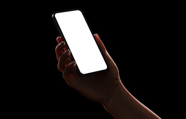 Frameless smartphone with blank screen held in hand – isolated night shot, mockup concept