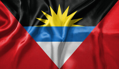 Antigua and Barbuda flag wave close up. Full page Antigua and Barbuda flying flag. Highly detailed realistic 3D rendering