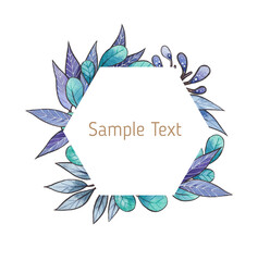 Hand drawn watercolor frames consisting of blue, turquoise and lilac and purple twigs, leaves and buds isolated on white background