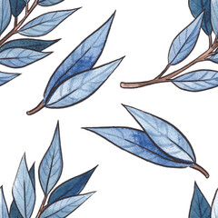 Fototapeta na wymiar Watercolor seamless pattern with leaves, branches and flowers. Blue, turquoise, lilac and purple shades