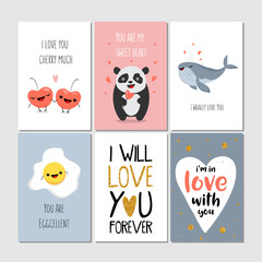 Set of greeting cards with panda, cherry, heart, whale, egg, lettering. Vector illustration, printable collection. Happy Valentine s Day