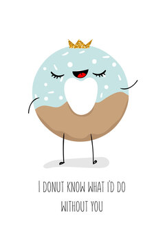 Cute greeting cards for Valentine s Day with donus in kawaii style. Vector illustration