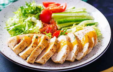 Ketogenic, keto food. Fried chicken fillet and fresh vegetable salad of tomatoes, cucumbers and lettuce. Chicken meat with salad. Healthy food.