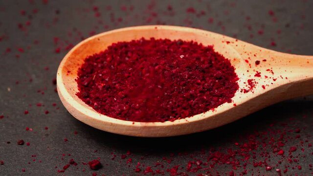 spice sumac close-up in a wooden spoon close-up. selective focus