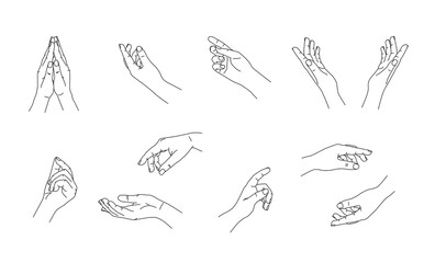 Vector illustration of black thin line set of hands gesture icons. Flat stroke modern simple linear arm logo. Graphic art design isolated on white. Beautiful female hands. Trendy minimalist style