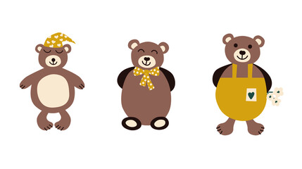 Vector Teddy bears illustration. Cute children illustration set in flat style for decor, fabric, souvenirs, wrapping paper