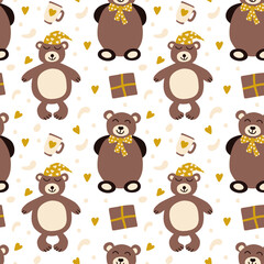 Seamless vector pattern with teddy bear illustrations. Cup, gifts, heart backdrops. Cute illustration for wrapping paper, decor, textile