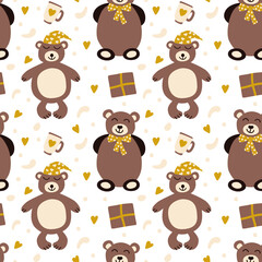 Seamless vector pattern with teddy bear illustrations. Cup, gifts, heart backdrops. Cute illustration for wrapping paper, decor, textile