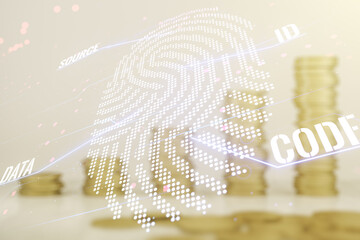 Multi exposure of virtual abstract fingerprint illustration on stacks of coins background, digital access concept