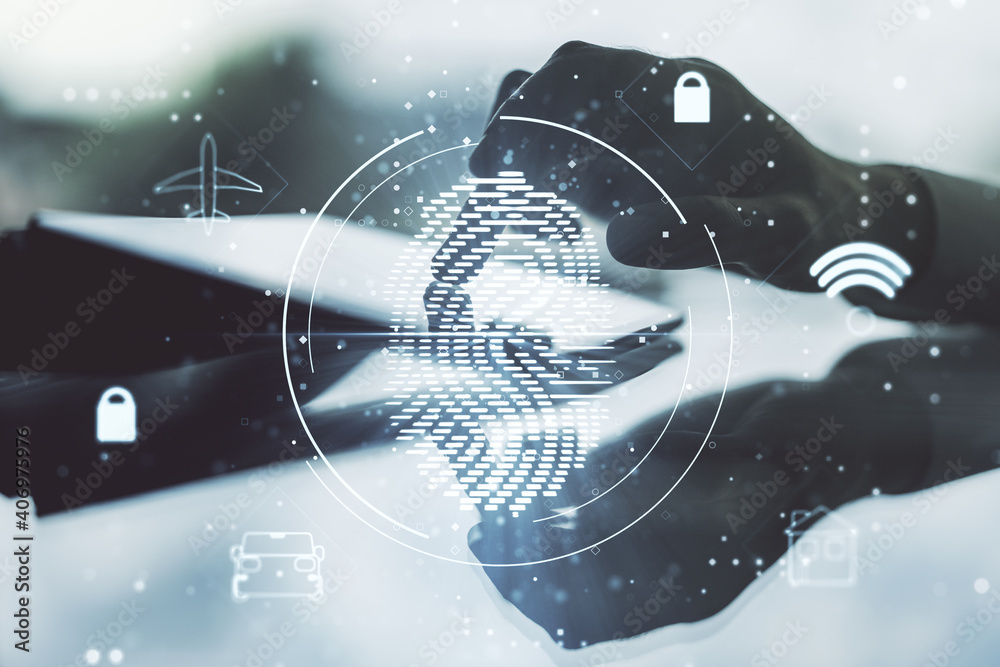Aufkleber Multi exposure of creative fingerprint hologram with finger presses on a digital tablet on background, personal biometric data concept